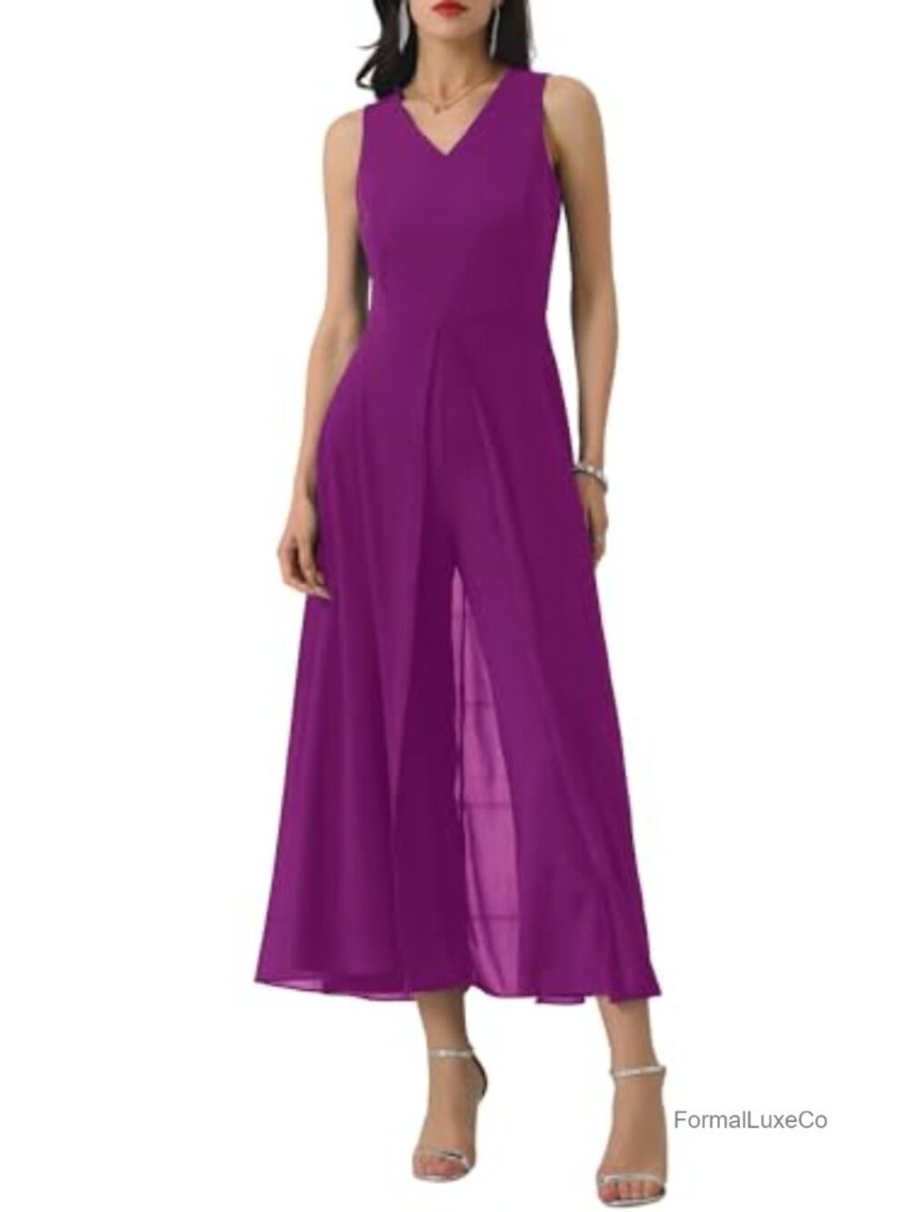 Wide Leg Chiffon Jumpsuit Sleeveless V-Neck Formal Cocktail Dressy